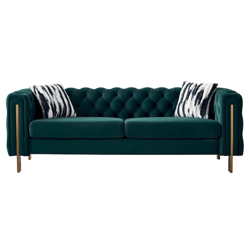 84.25 Luxurious Tufted Velvet Upholstered 3-Seater Sofa with Golden Metal Armrest Design and Buttoned Tufted Backrest