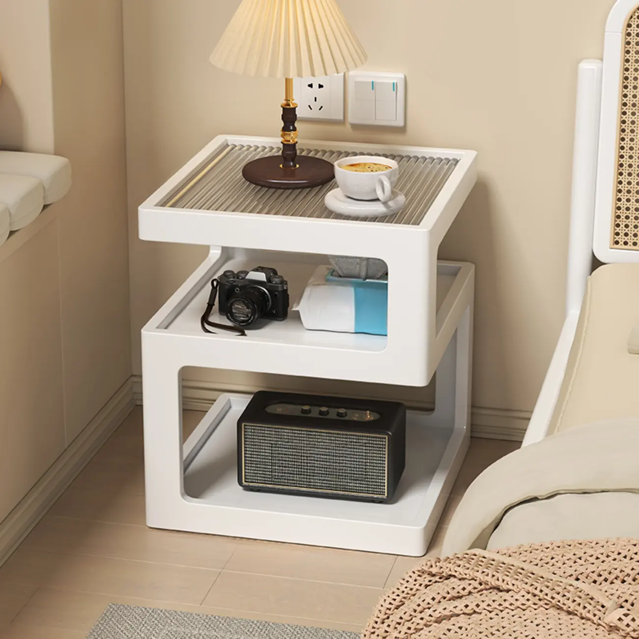 Organic Wood Bedside Cabinet with Glass Top Nightstand