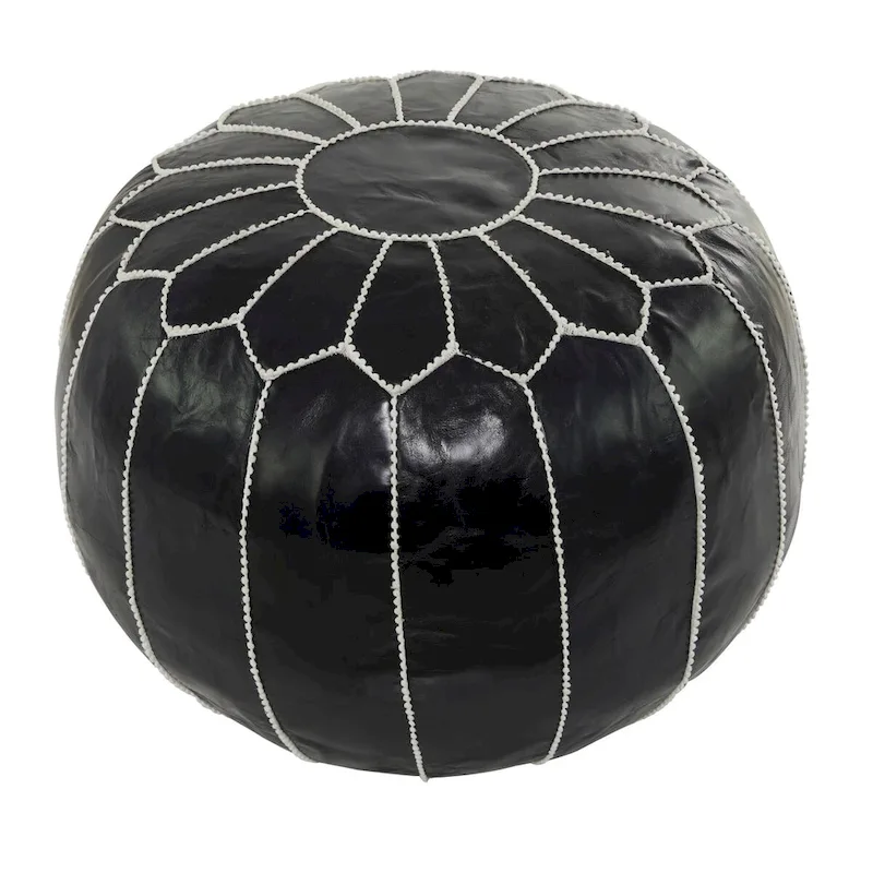 Leather Floral Moroccan Pouf with White Stitching - Black or Light Brown - Roche River Decor
