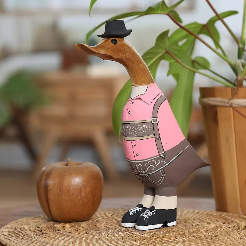 Novica Handmade Mister Duck In October Bamboo Root And Teak Wood Figurine