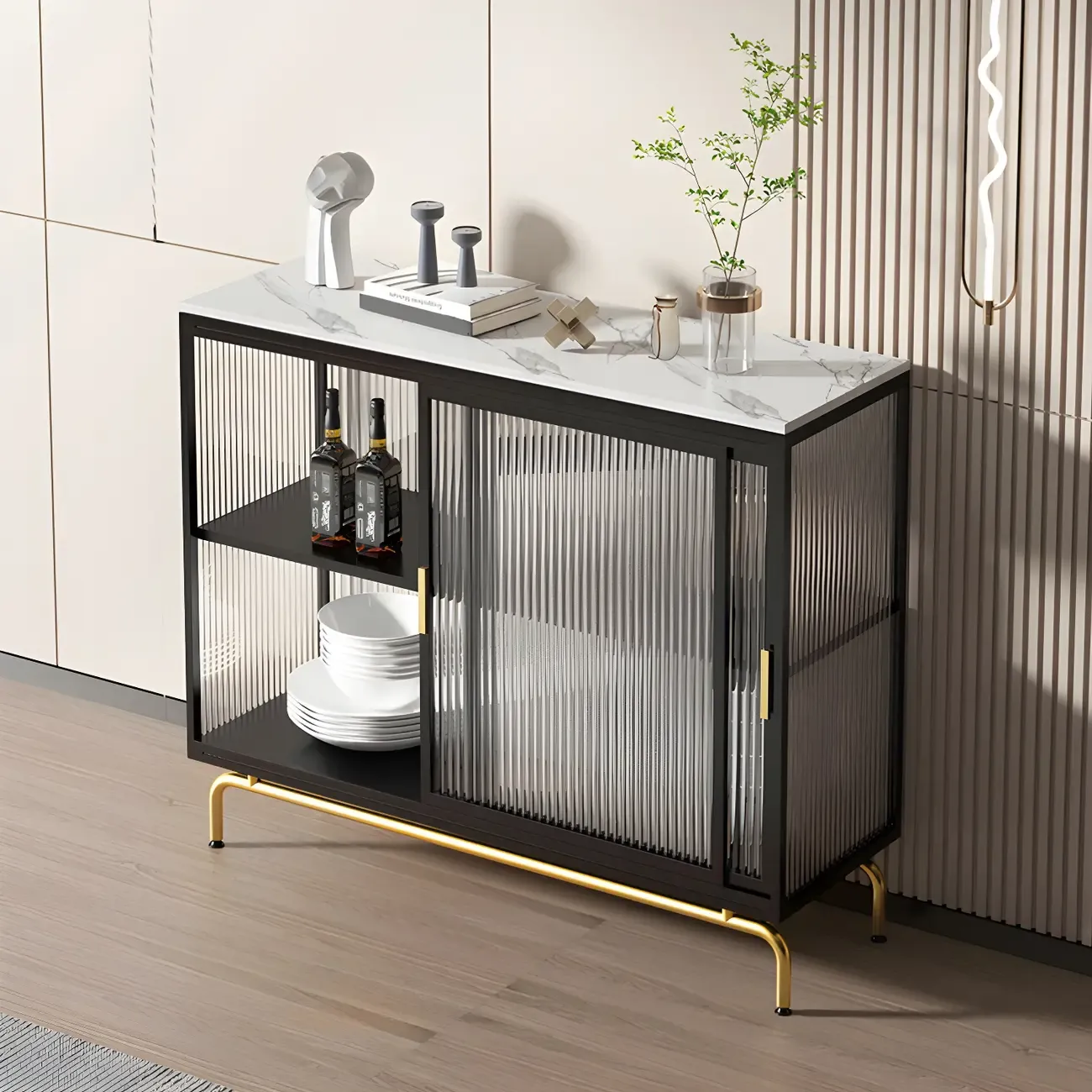 Metal Gold Legs China Cabinet with Glass Sliding Doors