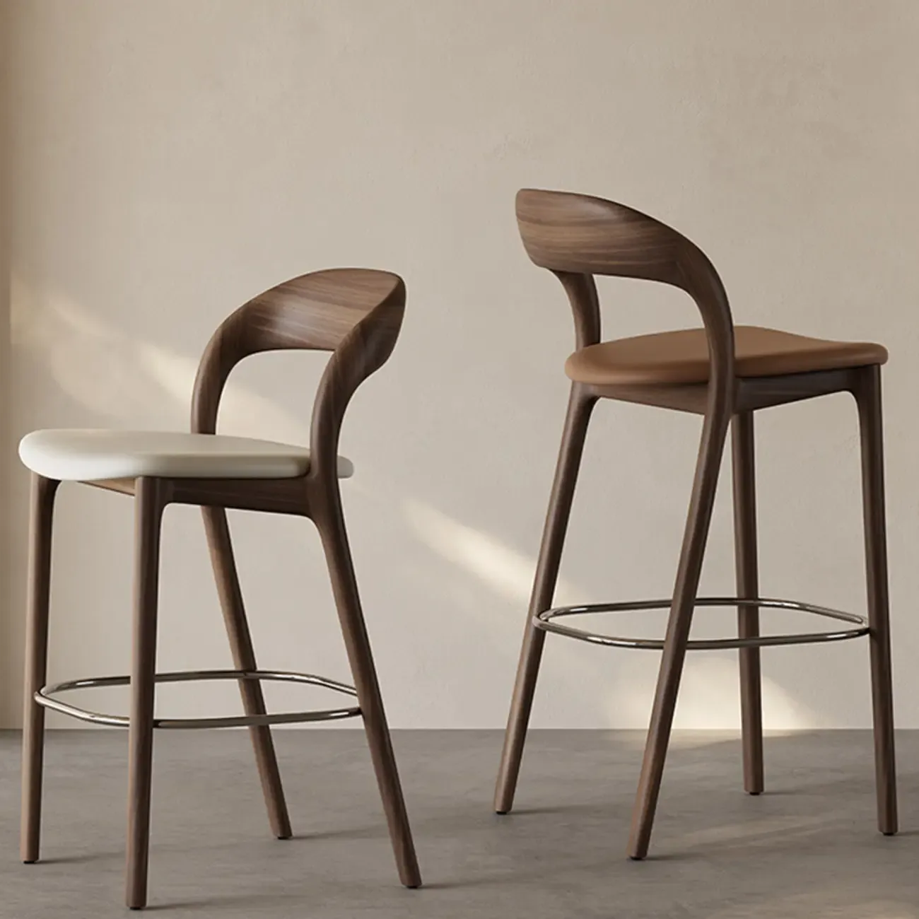 Mid-Century Modern Wood Faux Leather Bar Stool