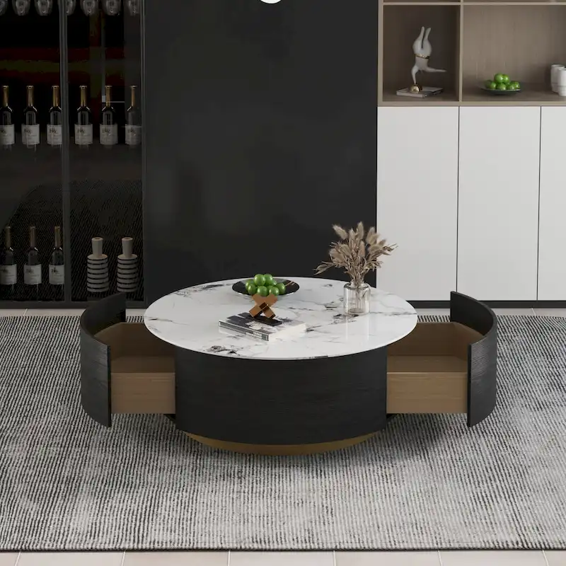 Modern Drum Coffee Table with Oak Veneer, Sintered Stone Coffee Table with 2 Solid Wood Drawers