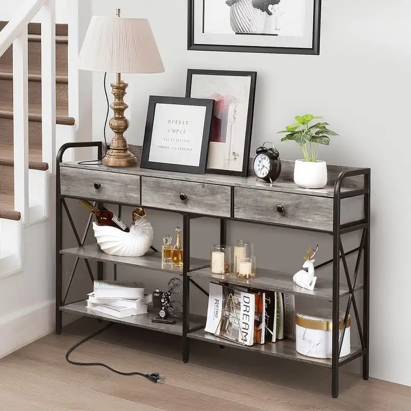 Console Table with Outlets and USB Ports, Narrow Entryway Table with 3-Drawer