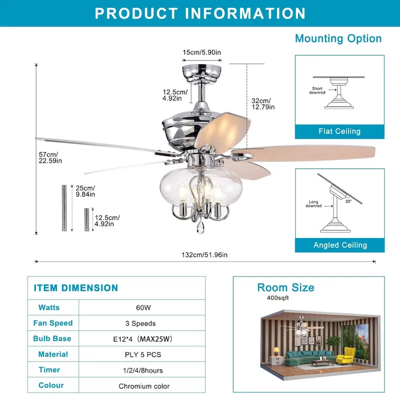 Bella Depot 52  Modern Matte Silver Ceiling Fan with Remote Control and Light Kit, 3-Speed Reversible Blades - 52 Inches