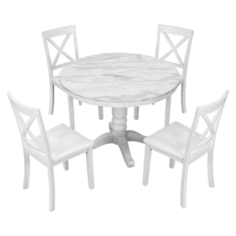 Modern Style Wooden 5-Piece Dining Set with Round Table amd 4 Upholstered Chairs