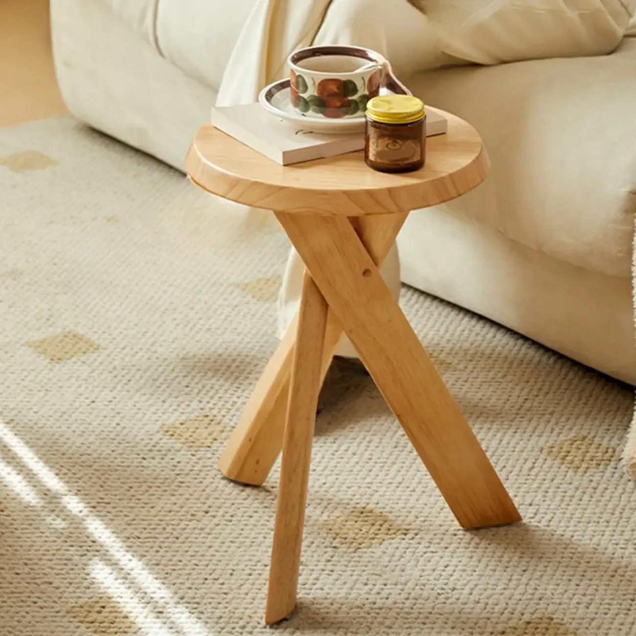 Modern Round Wood Side Table with Cross Legs