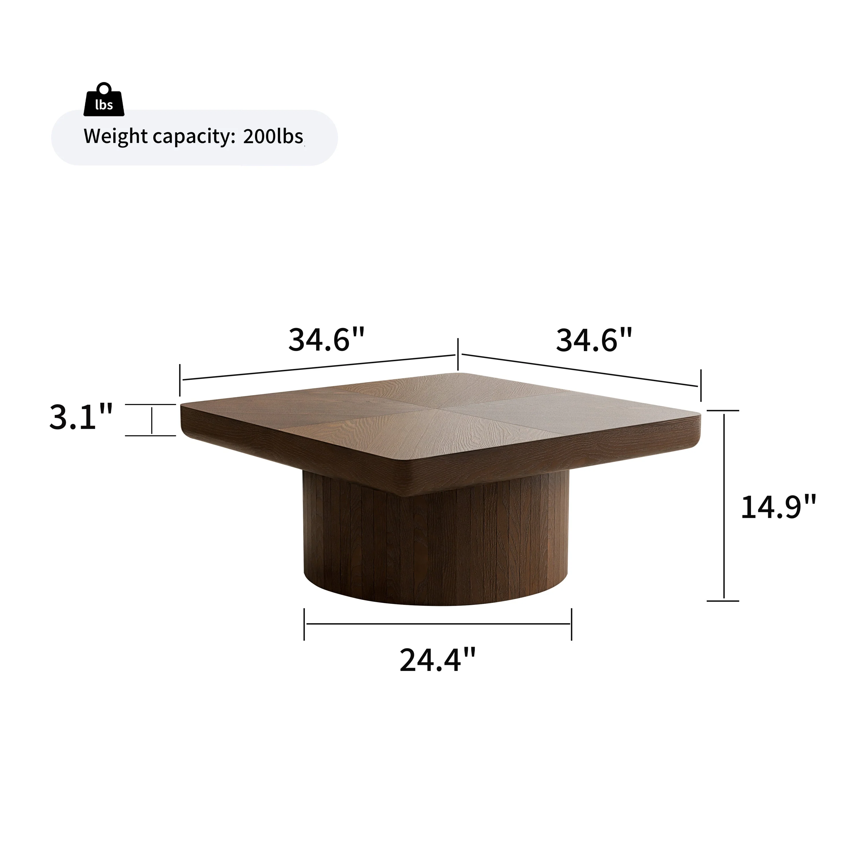 Modern Veneer 34.6'' Square Fluted Cylindrical Base Coffee Table