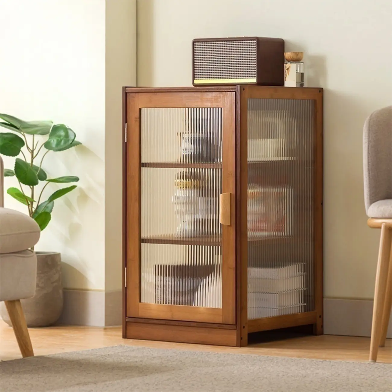 Narrow Adjustable Scandinavian Bamboo Glass Curio Cabinet