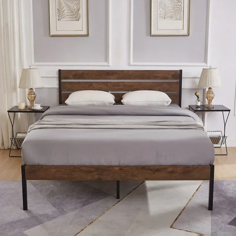 Bed Frame With Wood Headboard, Metal Frame With Strong Slats
