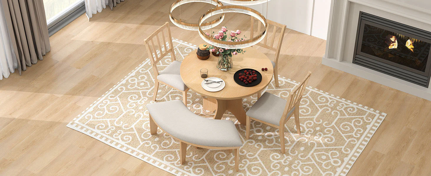 Walker Edison | Charming 5-Piece Rustic Round Dining Set with Chairs and Curved Bench