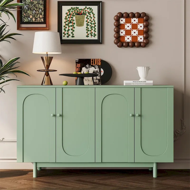 Stylish and Functional 4-Door Intaglio Storage Cabinet with Pine Legs, Solid Wood Pulls and MDF, for Living Room