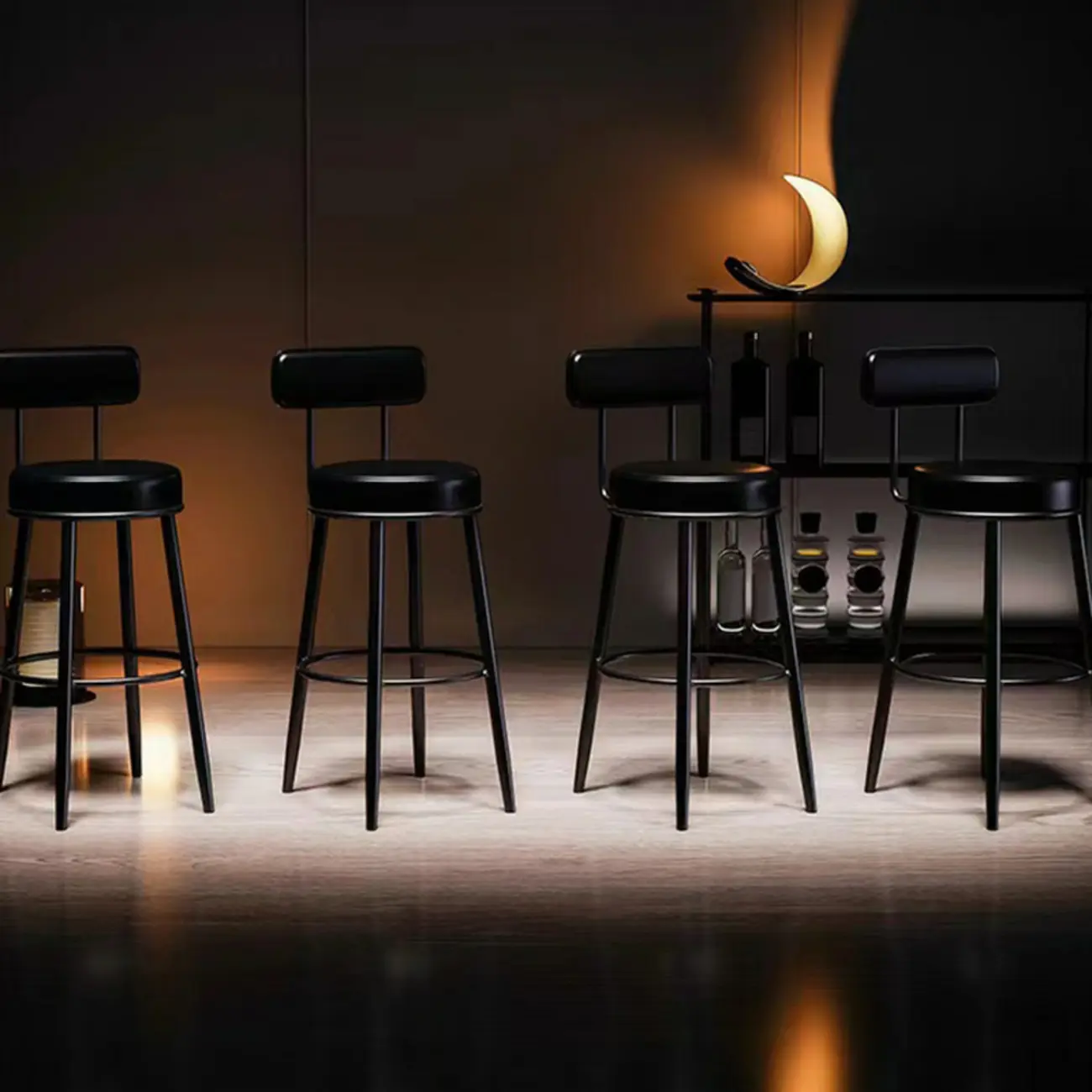 Modern Round Iron Open-Back Upholstered Bar Stool