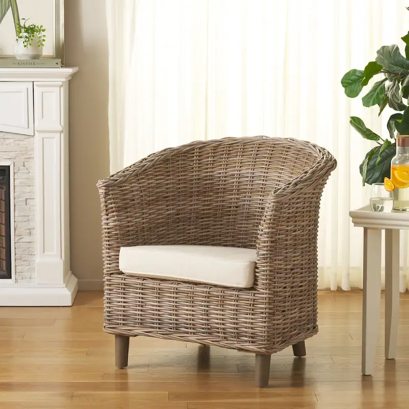 SAFAVIEH Charla Rattan Barrel Chair with Cushion - 29.1 x 27.2 x 32.7 - 29Wx27Dx33H
