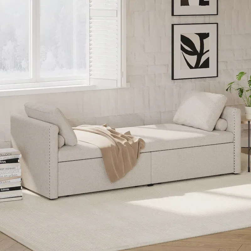 Modern Upholstered Chaise Lounger Daybed Small Single Daybed with 2 Drawers, No Mattress Needed