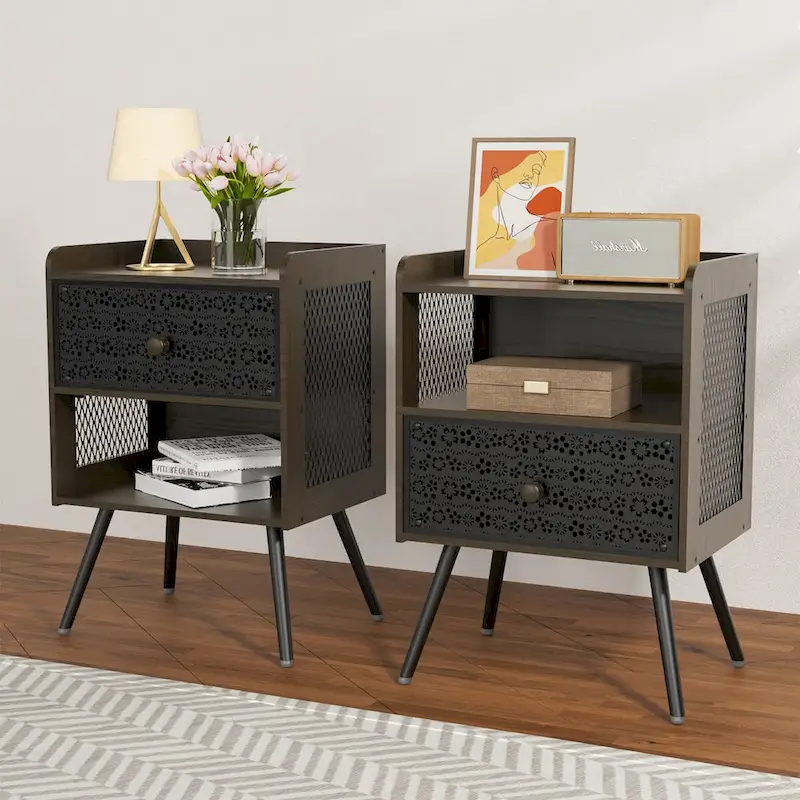 Wooden Bedside Table With Metal Legs Nightstand Set Of 2