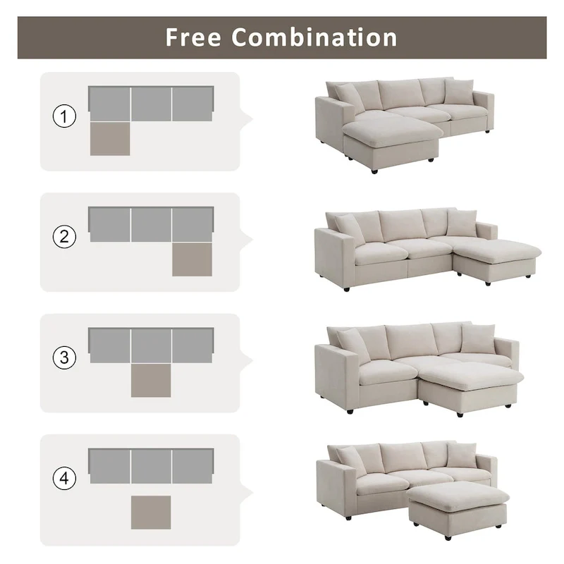 Modern 4-Seat L-Shaped Sectional Sofa, with 2 Free pillows, Convertible Ottoman