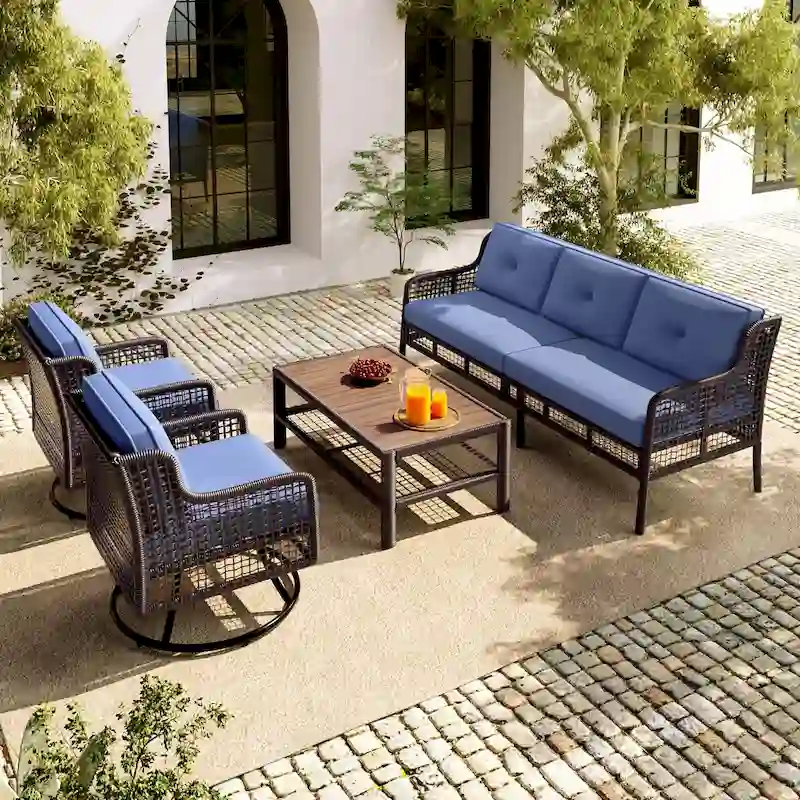 4-Piece Rattan Conversation Sofa Set with Swivel Chairs & Table
