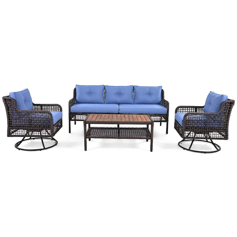4-Piece Rattan Conversation Sofa Set with Swivel Chairs & Table