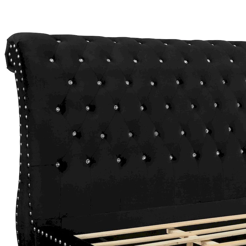 Gracewood Hollow Trivedi Black Velvet Crystal Button-tufted Sleigh Bed