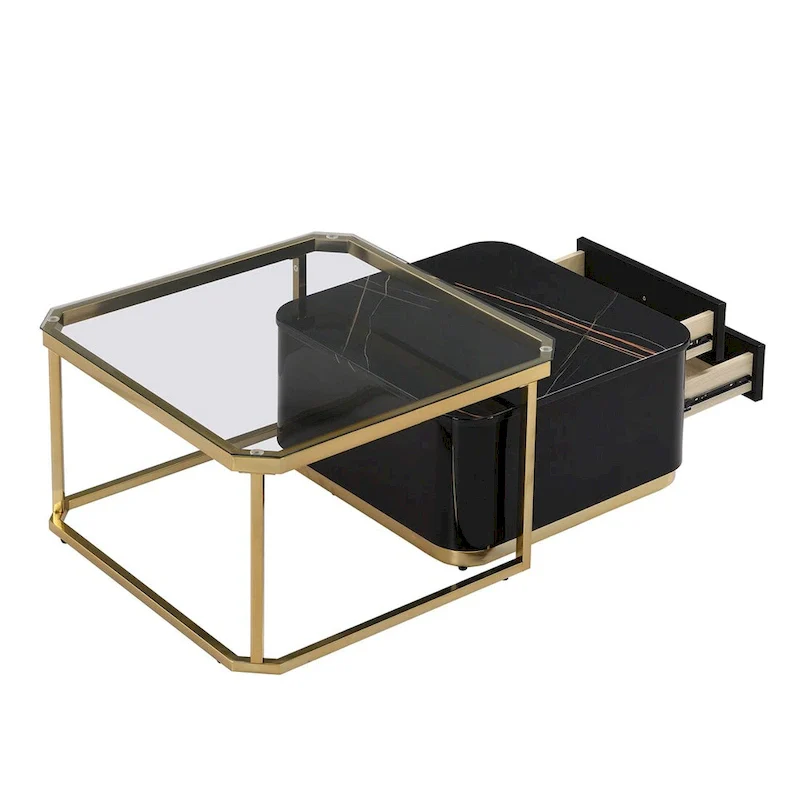 2 Pieces Nesting Coffee Table w/ Drawers & Electroplated Gold Legs