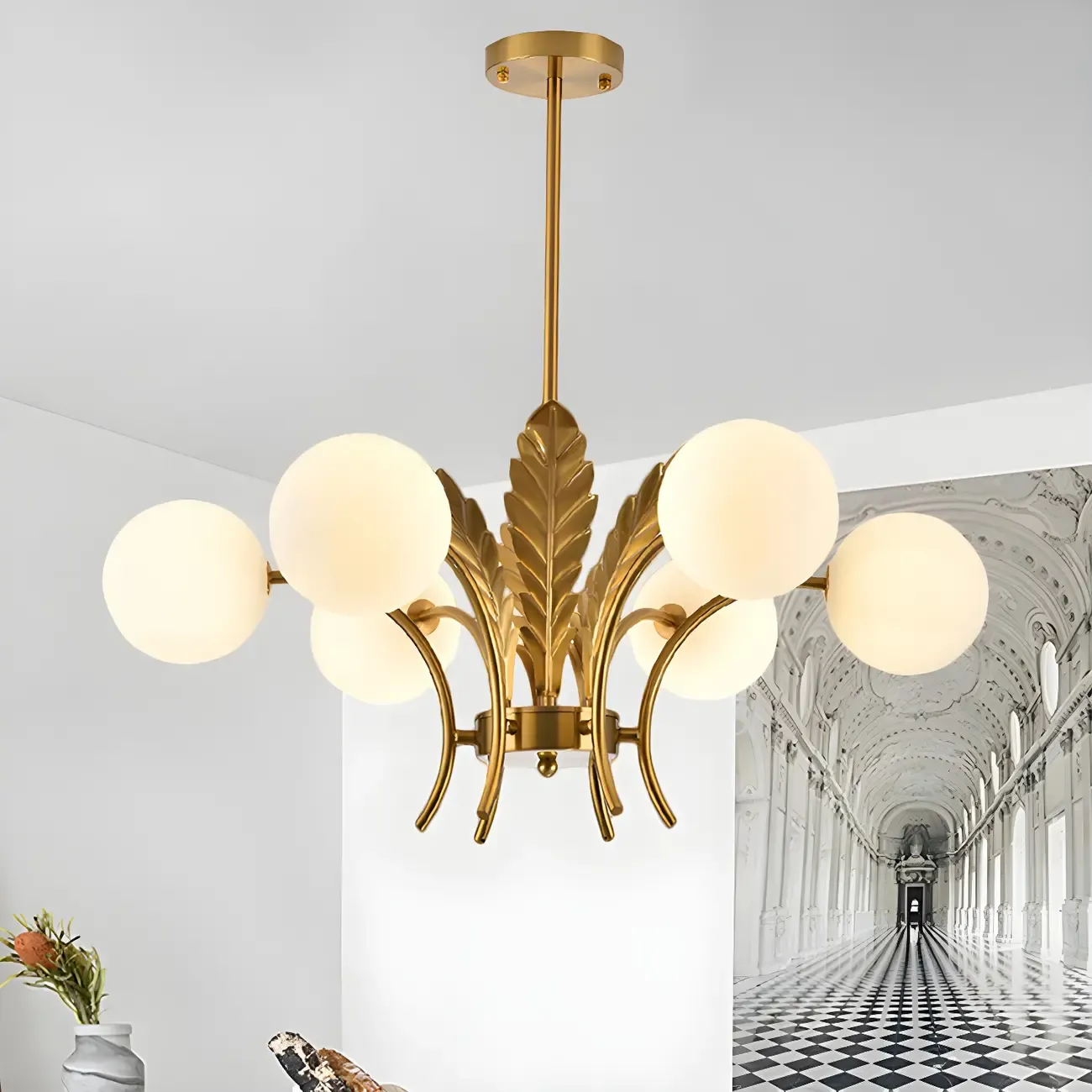 Luxury 6-light Gold Leaf Chandelier with Glass Globes
