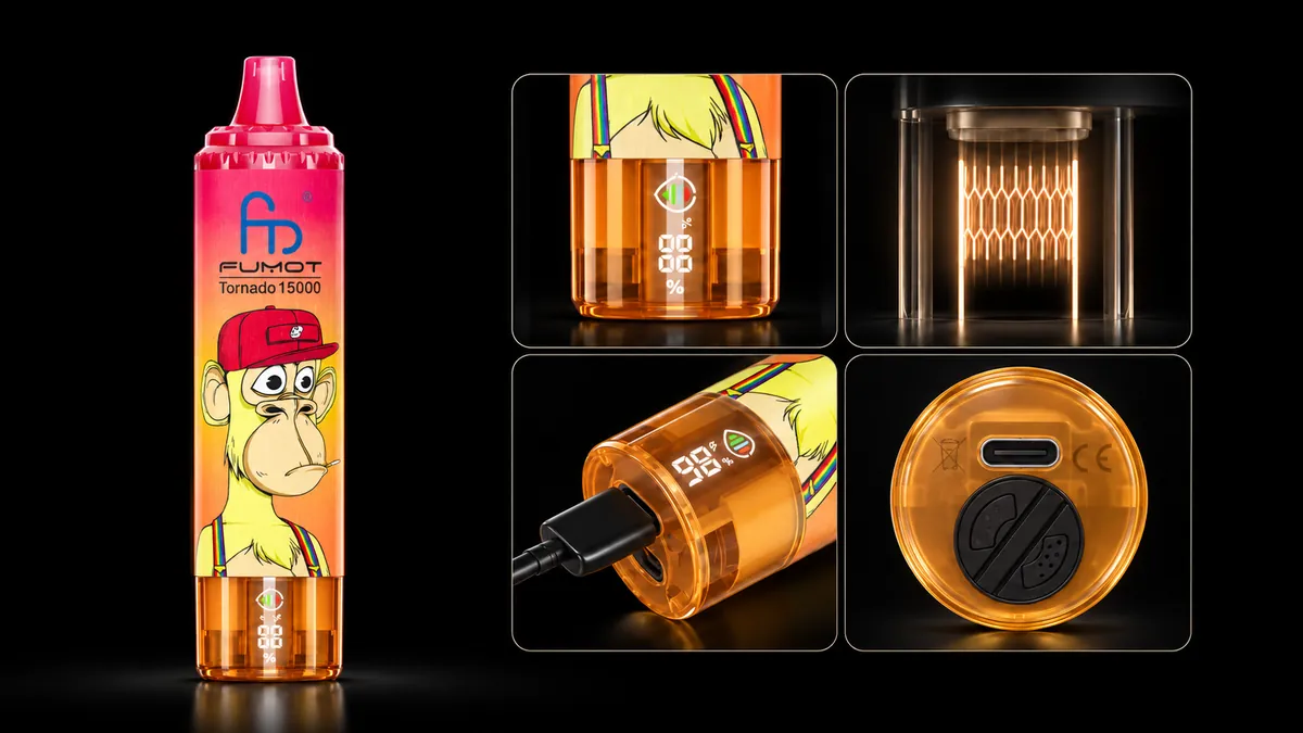 FUMOT Tornado 15000 Strawberry Red Bull – Detailansichten von Display, Heizsystem, USB-C-Anschluss und Luftregulierung