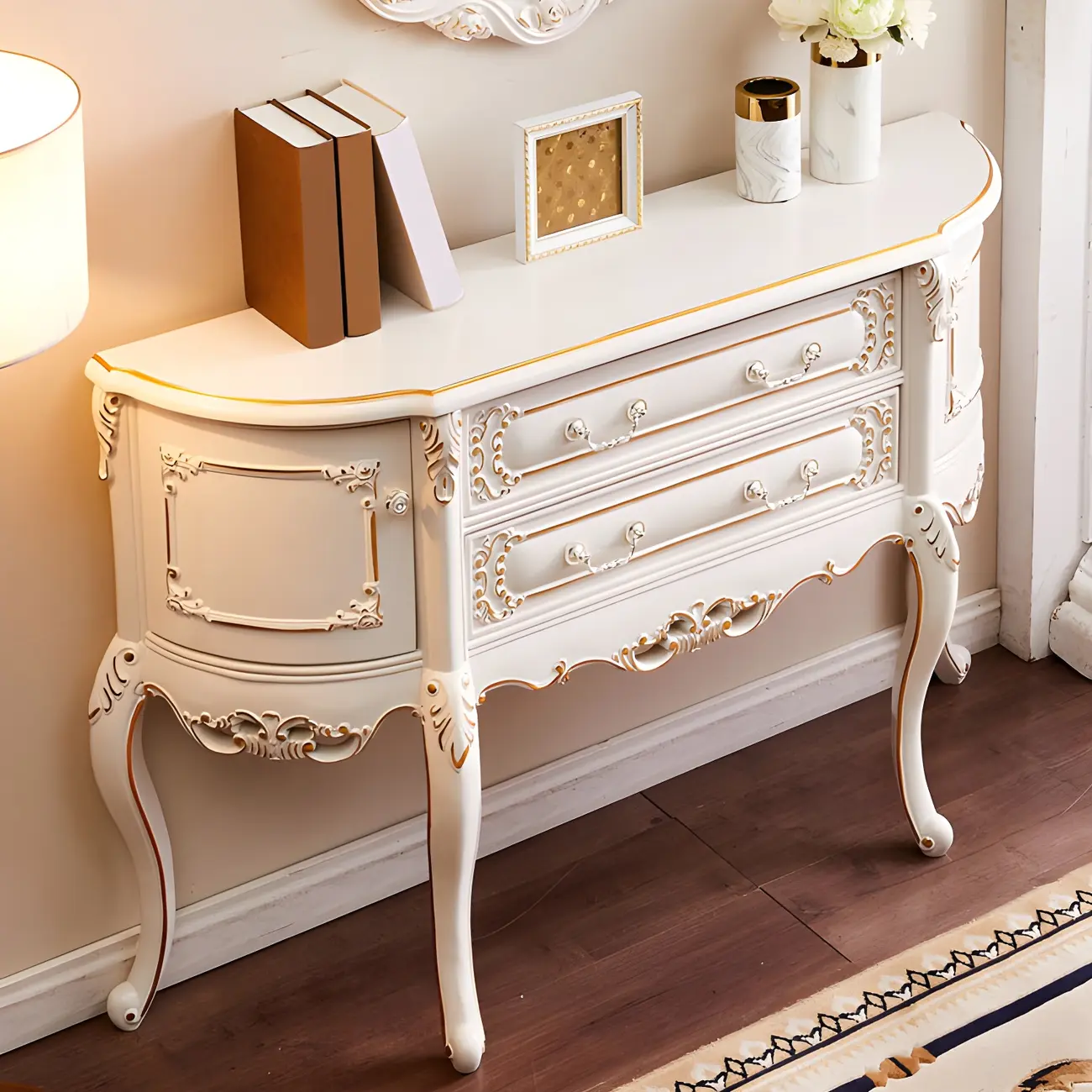 French White Wood Console Table with Drawers in Scratchproof