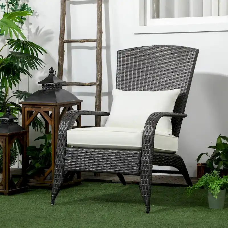Patio Wicker Adirondack Chair, All-Weather Rattan Fire Pit Chair Soft Cushions, Tall Curved Backrest and Armrests