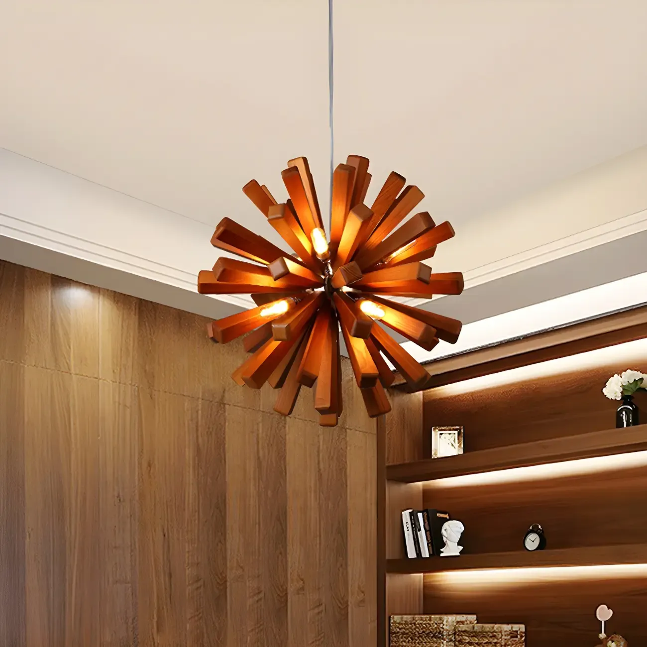 10-Light Modern Dark Wood Round Starburst Chandelier
