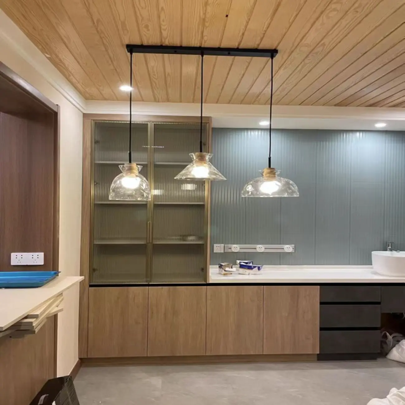 Modern Clear Textured Glass Wood Pendant Light