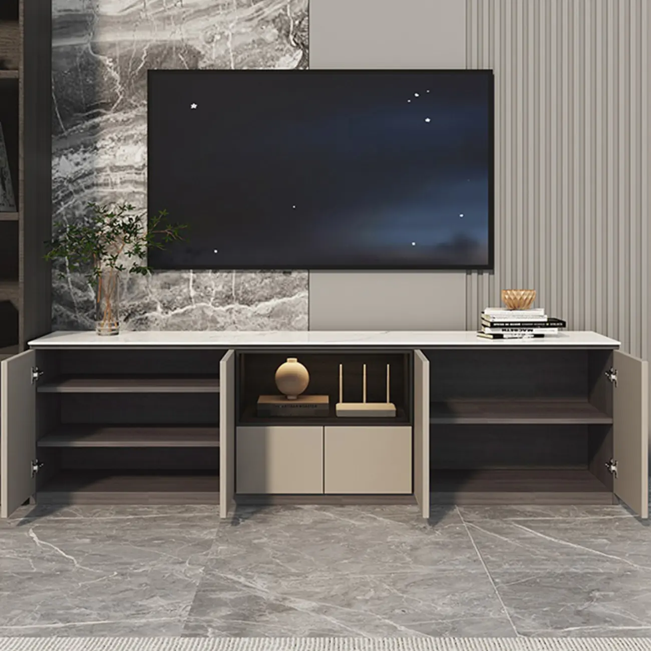 94 Dark Gray Stone Long Cabinet TV Stand with LED Lights