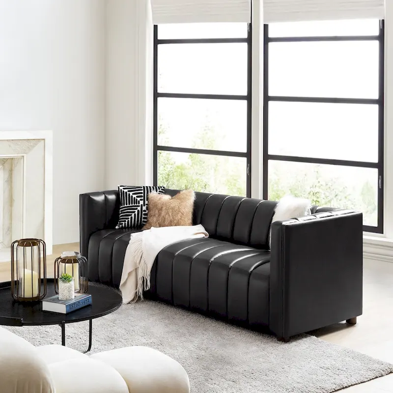 Olinto Modern Camel 83-Inch Genuine Leather Curved Couch with Channel Back by HULALA HOME