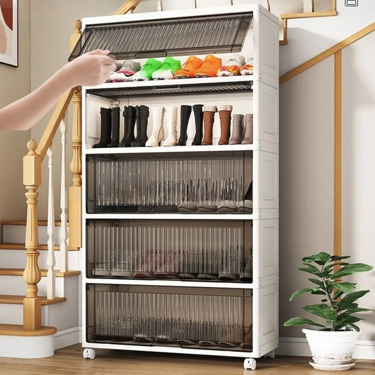 Hallway White Plastic Drop-Front Shoe Cabinet with Casters