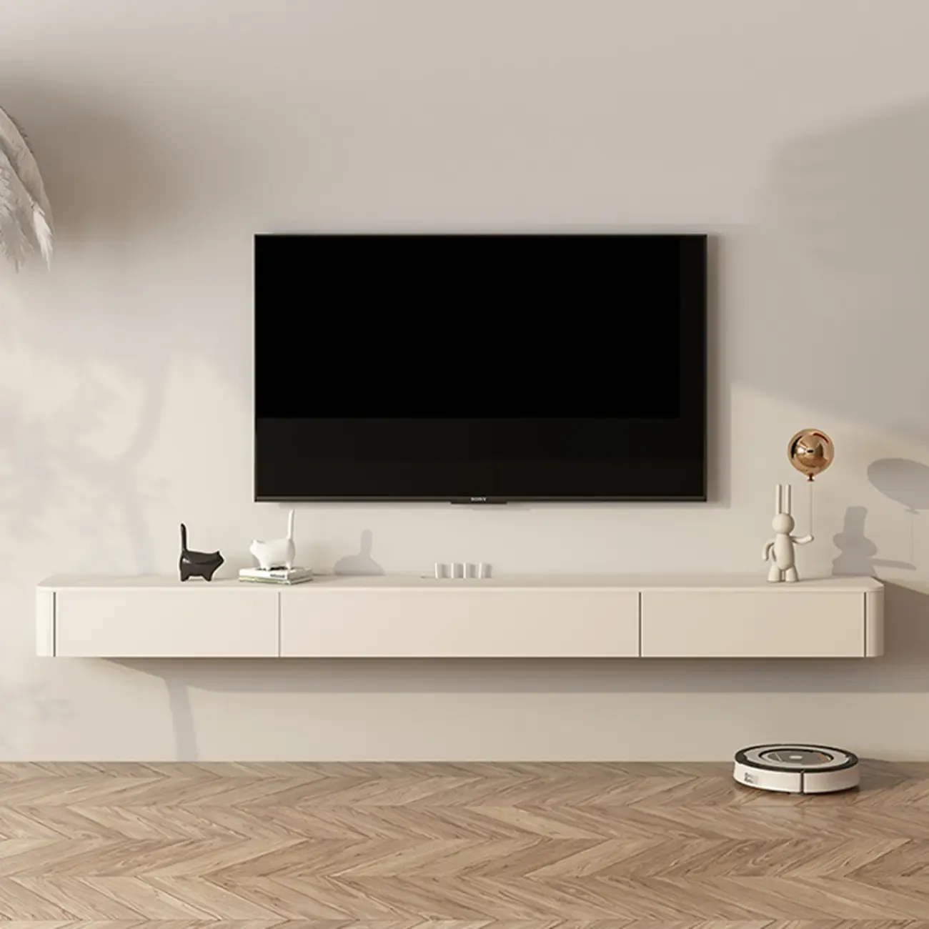 71 Off-White Long Floating Wood Cable Management TV Stand