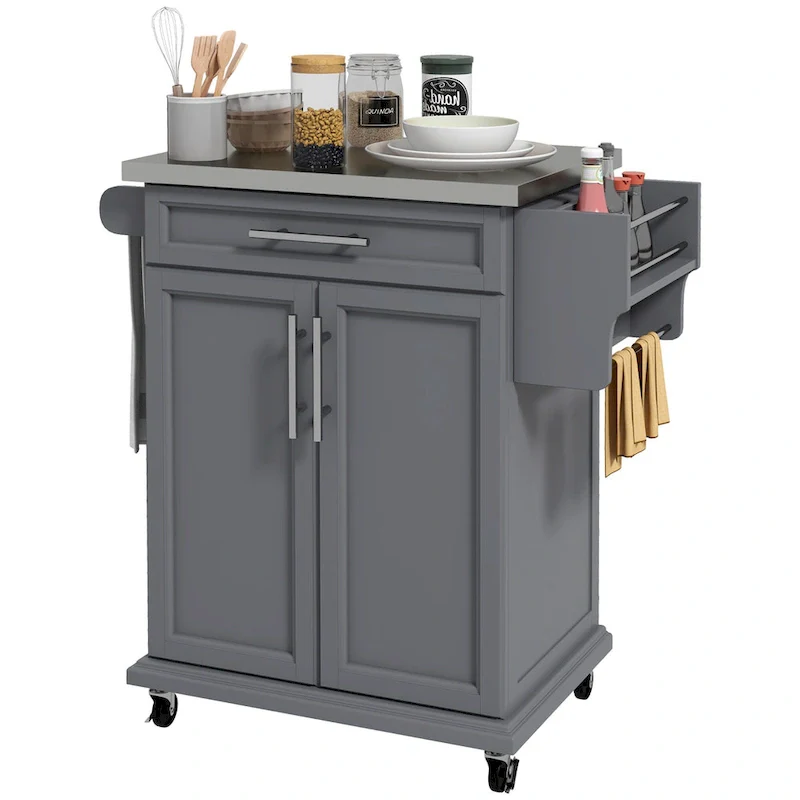 Kitchen Island on Wheels, Rolling Kitchen Cart with Stainless Steel Countertop, Drawer, Towel Rack and Spice Rack