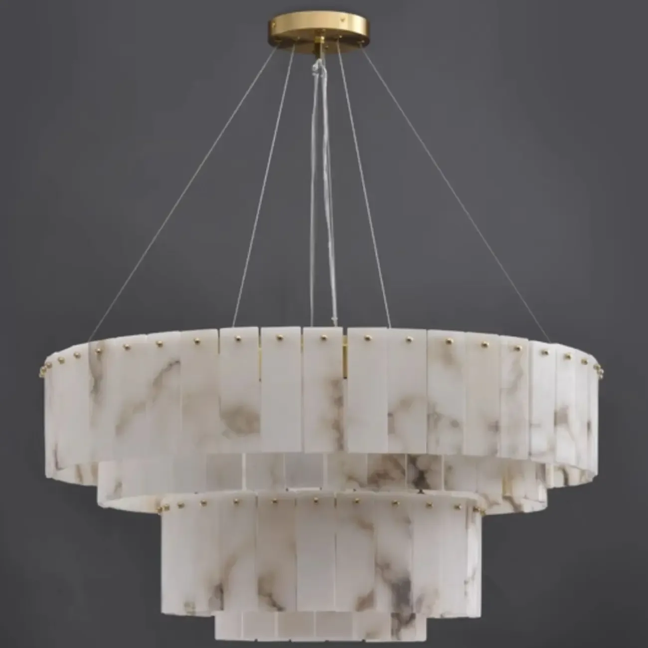 2-Tiers White Metal Circle Alabaster Drum Chandelier