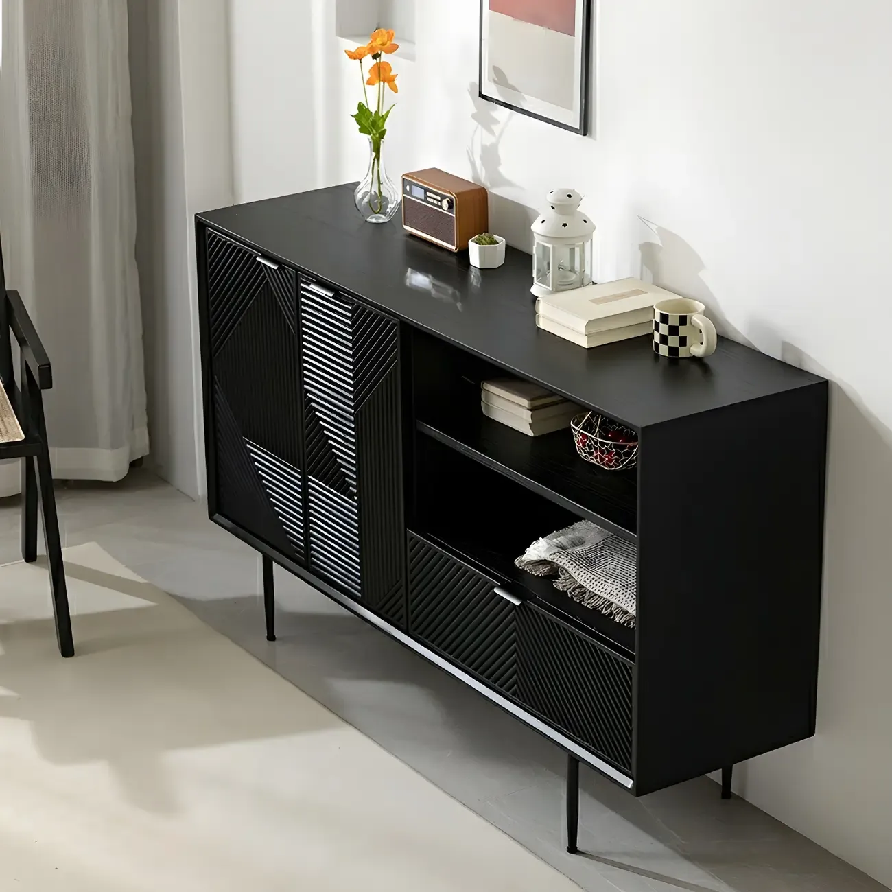 Geometric Black Wooden Sideboard with Drawer & Cabinet