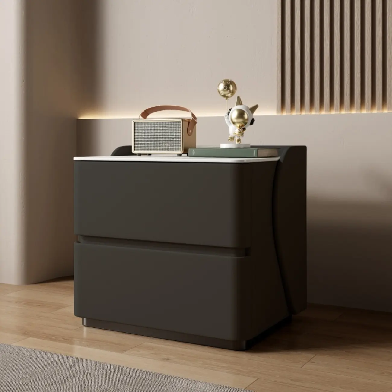 Modern Stone Top Leather Pine 2-Drawer Nightstand