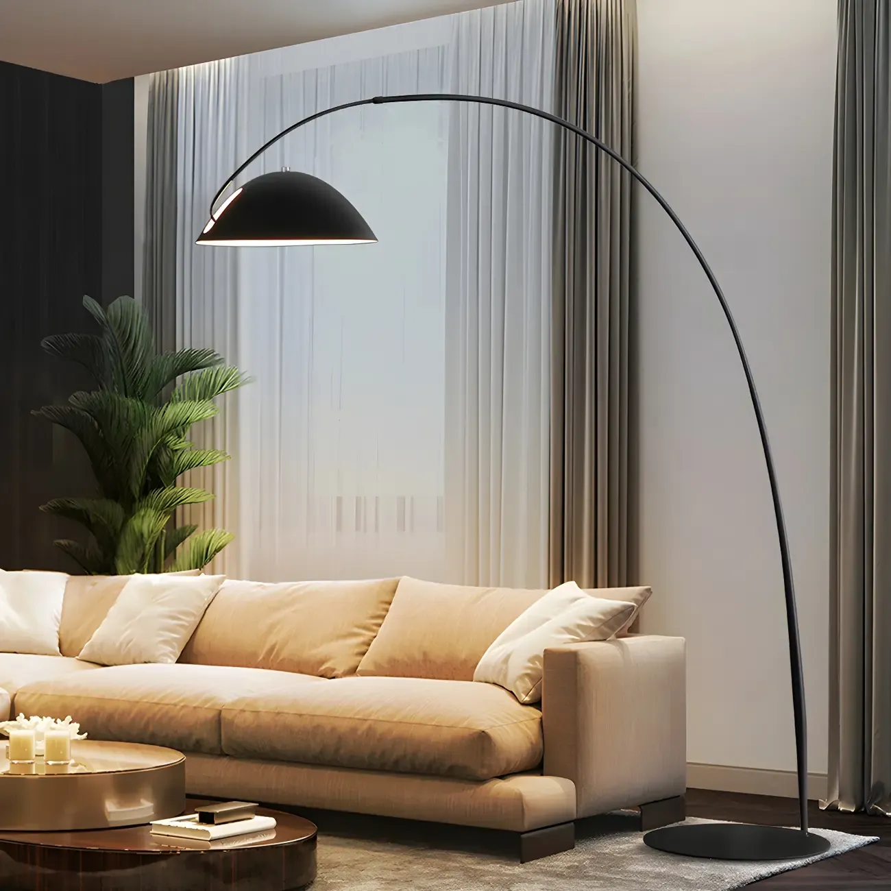 Black Adjustable Dome Shade Arc Metal Floor Lamp