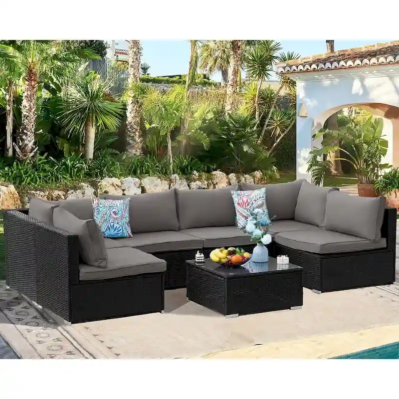 7-Piece Wicker Patio Conversation Set with Cushions and Glass Table