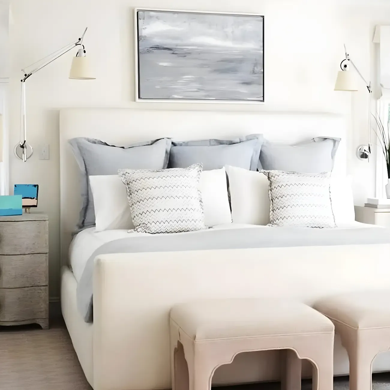 Industrial Silver Swing Arm Wall Light with White Fabric Shade