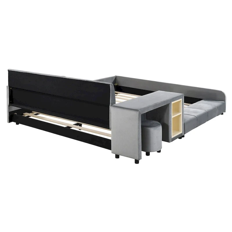 Upholstered Grounded Bed Mother & Child Bed with Bedside Desk and Little Round Stool