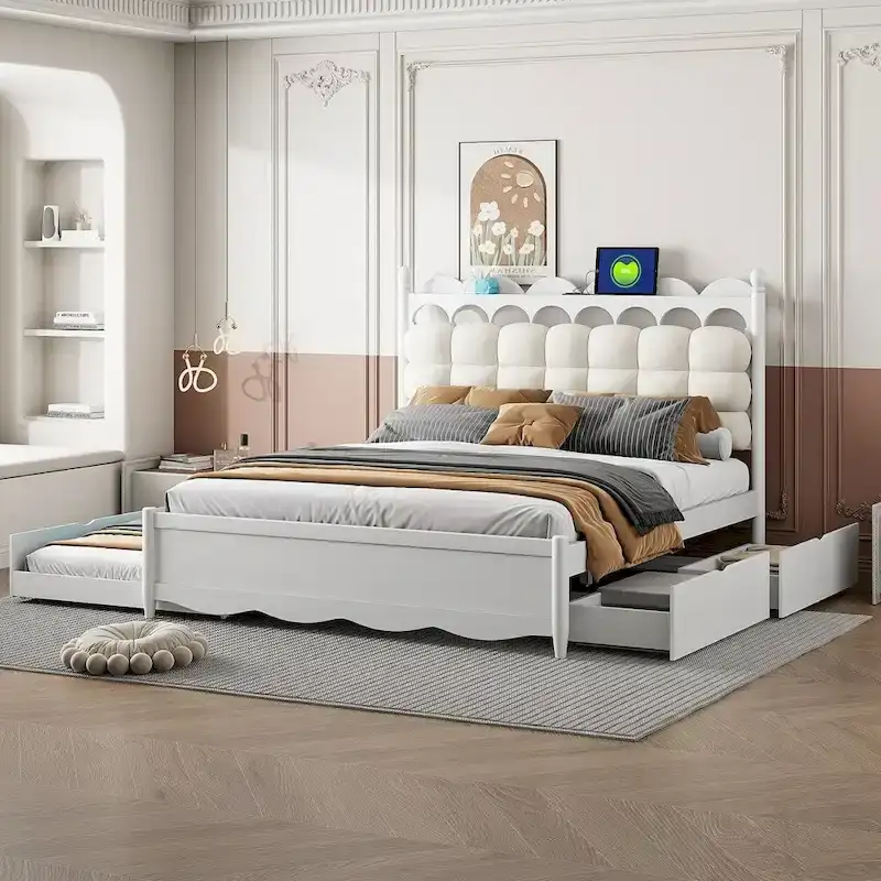 Wooden Storage Platform Bed with 2 Big Drawers and Twin-XL Size Trundle