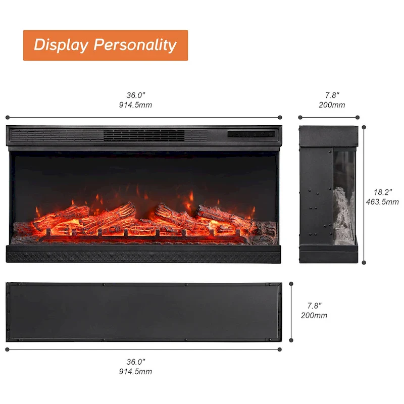 WAMPAT 36 inch 3 Sided Glass Electric Fireplace InsertBlack