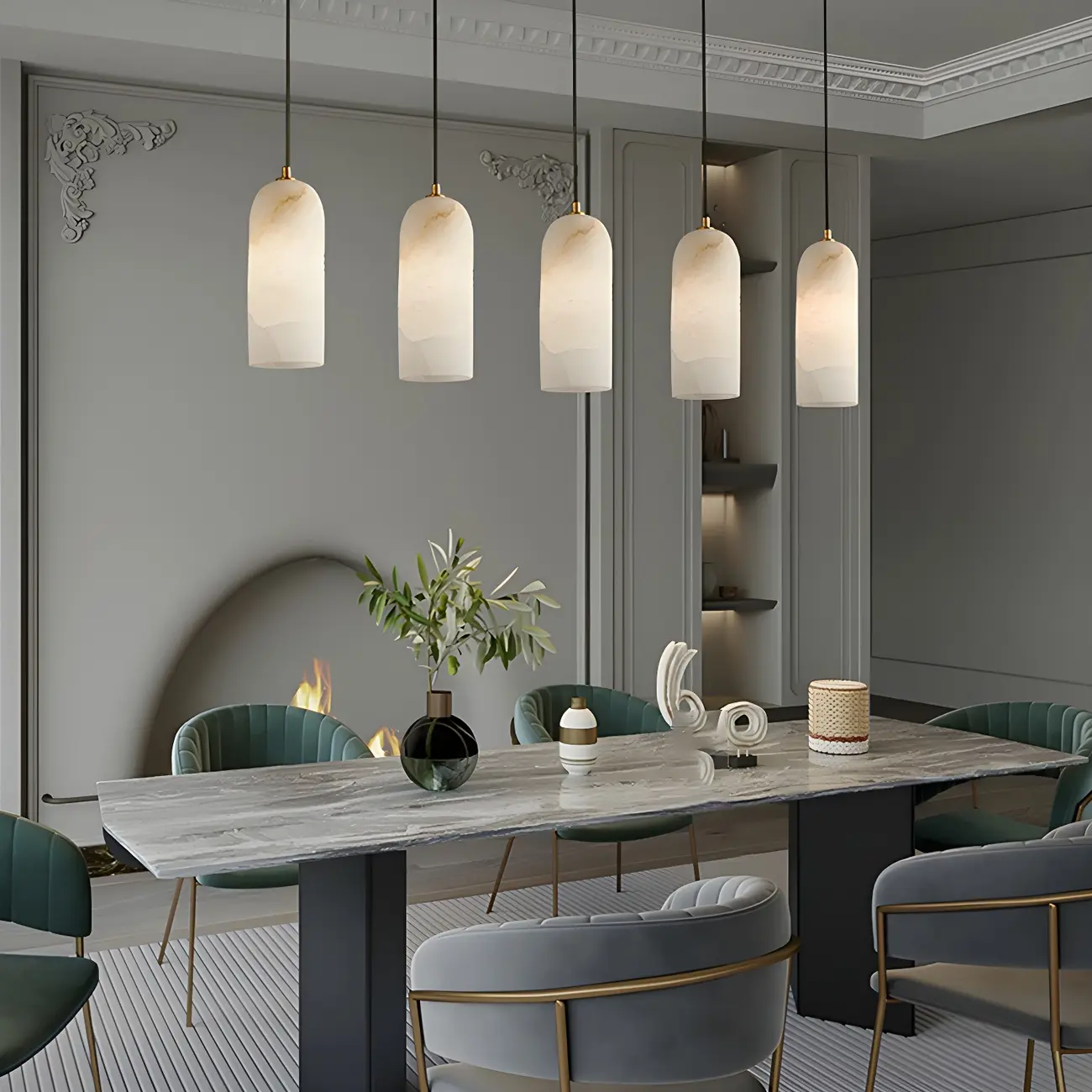 Modern Gold Bell Alabaster Adjustable Pendant Light