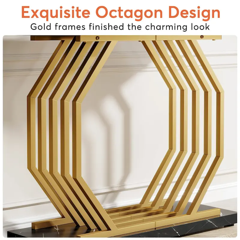 Gold Console Table, Faux Marble Entryway Table Narrow Sofa Table with Geometric Metal Base, 40 Inch Modern Accent Table