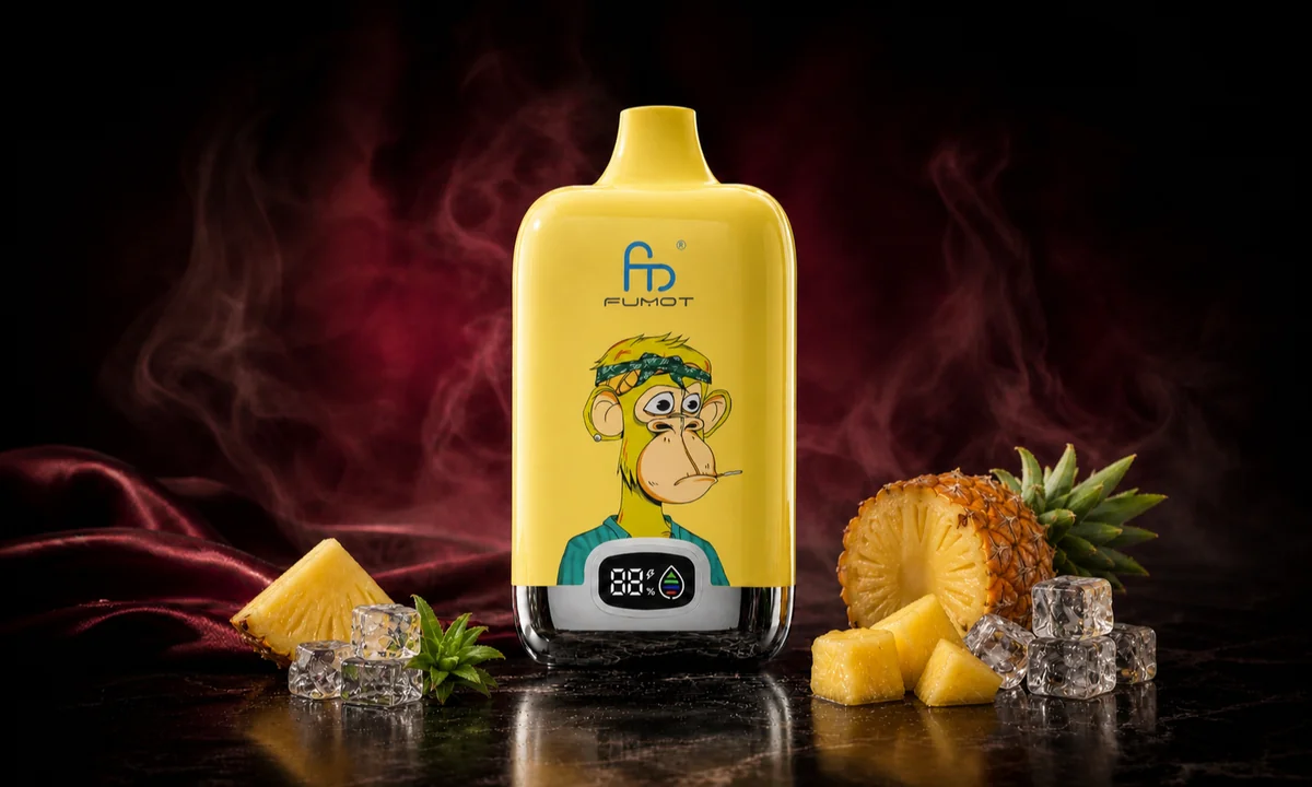 Fumot Digital Box 12000 Pineapple Ice Vape in einer dunklen Rauchszene