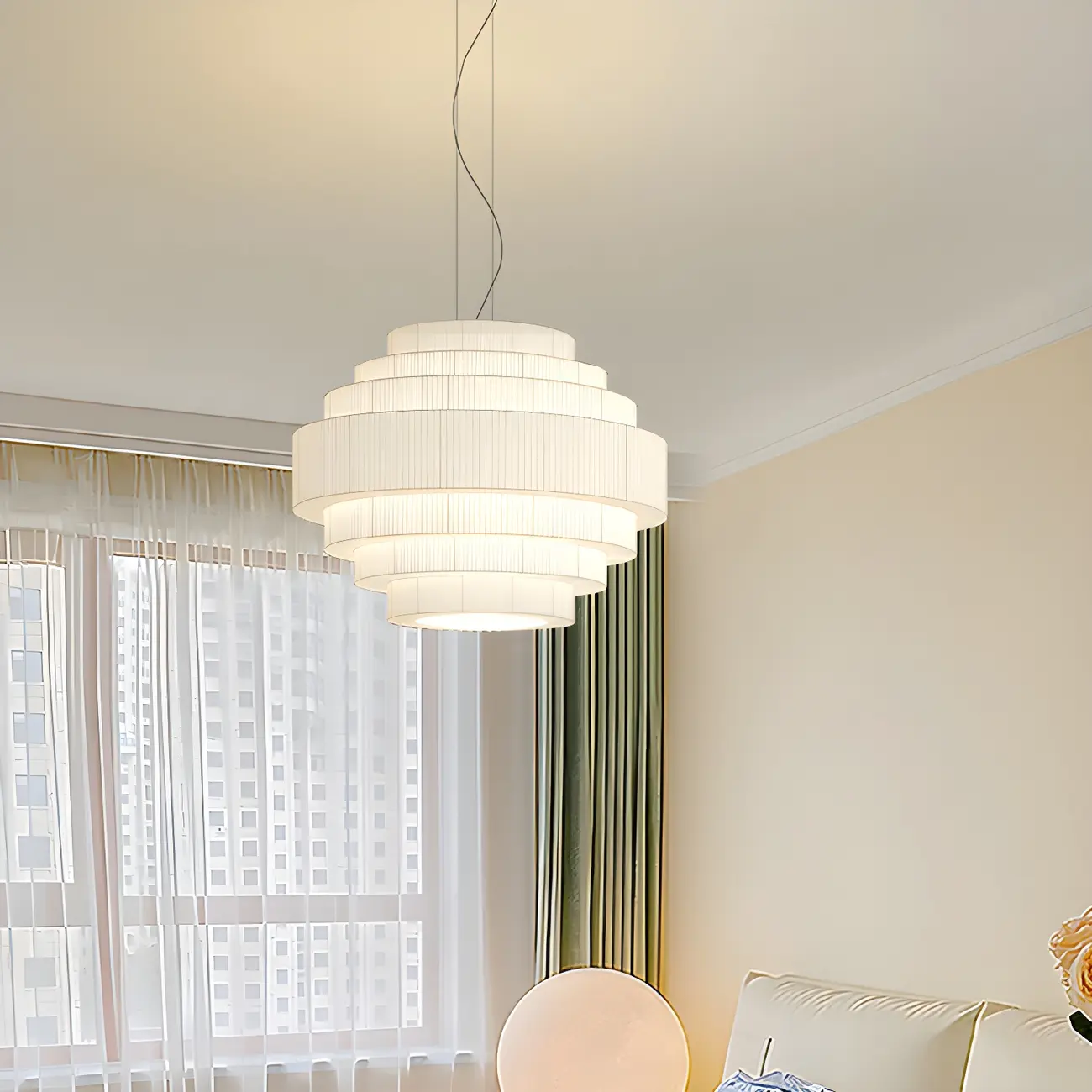 Modern White Geometric Fabric Tiered Chandelier