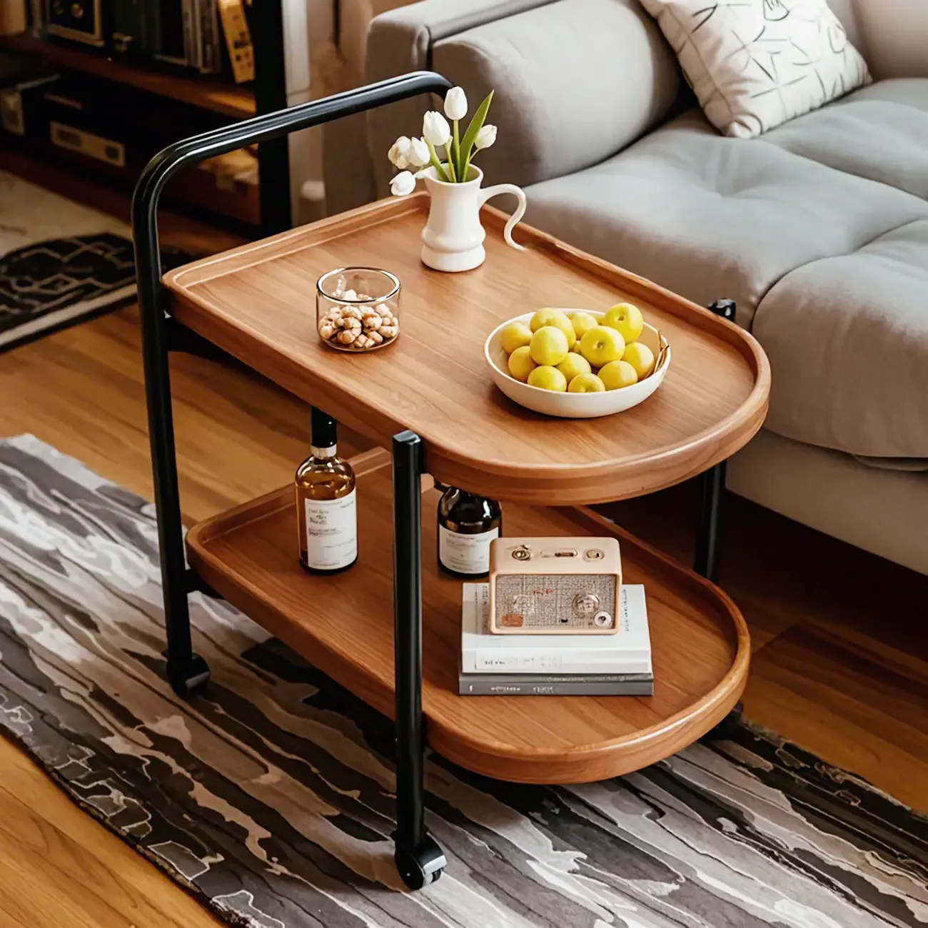 Modern 2-Tier Wood Round Coffee Table with Wheels, Tray